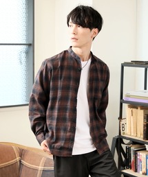 バンドカラー長袖ネルチェックシャツ