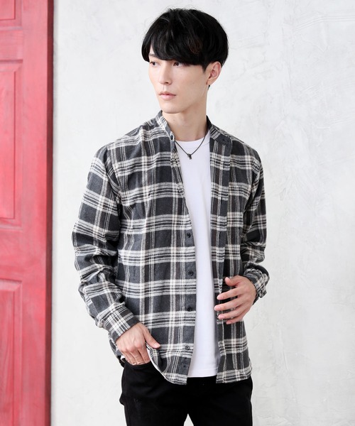 TopIsm（トップイズム）の「バンドカラー長袖ネルチェックシャツ（シャツ/ブラウス・メンズ・ホワイト/ブラック/ブラウン/グレー/ブラック系その他・LL/M/L）」の5枚目の写真