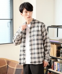 バンドカラー長袖ネルチェックシャツ