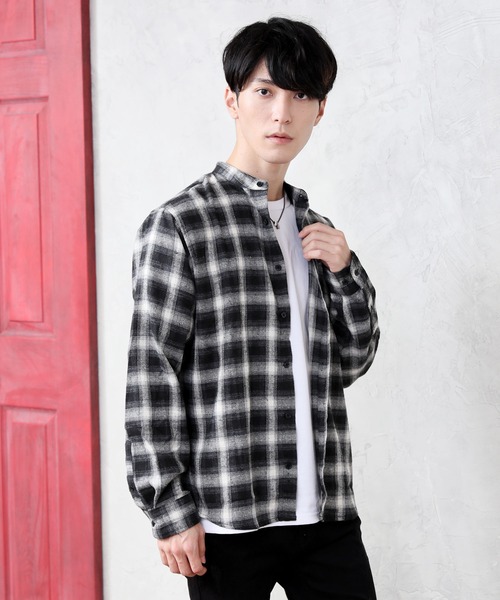 TopIsm（トップイズム）の「バンドカラー長袖ネルチェックシャツ（シャツ/ブラウス・メンズ・ホワイト/ブラック/ブラウン/グレー/ブラック系その他・LL/M/L）」の3枚目の写真