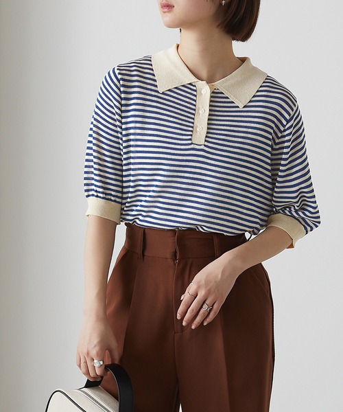 forksy.（フォルクシー）の「【forksy.】半そでポロニットプルオーバー（ポロシャツ・レディース・ブラック/ネイビー/ピンク/オレンジ/グリーン/アイボリー/ケリー/コバルトブルー/イエロー/ダークネイビー/オリーブ/ホワイト×ブラック/オレンジ系/レッド/チャコール・FREE）」の8枚目の写真