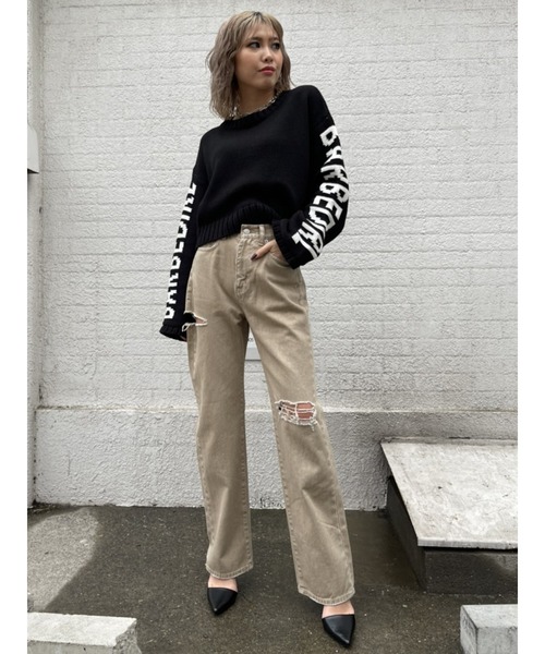 EGOIST(エゴイスト)の「スリーブメッセージニットトップス(ニット/セーター・レディース・ホワイト/ブラック/オレンジ・FREE)」の8枚目の写真