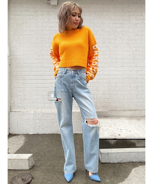 EGOIST(エゴイスト)の「スリーブメッセージニットトップス(ニット/セーター・レディース・ホワイト/ブラック/オレンジ・FREE)」の14枚目の写真