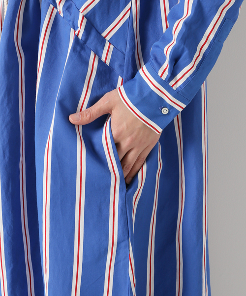 【クロエ】ロングワンピース　2way　リネン　ストライプ 紺色　赤　半袖　40 クロエ】ロングワンピース 2way リネン ストライプ 紺色 赤 半袖 40