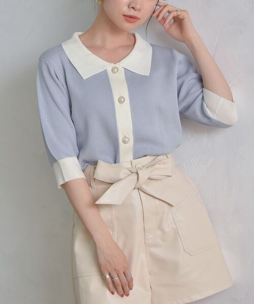 ems excite（エムズエキサイト）の「襟付配色NTカーデ（カーディガン/ボレロ・レディース・ブラック/オフホワイト/ブルー・FREE）」の3枚目の写真
