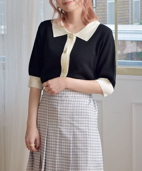 ems excite（エムズエキサイト）の「襟付配色NTカーデ（カーディガン/ボレロ・レディース・ブラック/オフホワイト/ブルー・FREE）」の7枚目の写真