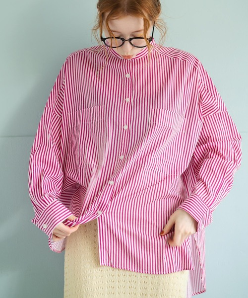 Crisp(クリスプ)の「ストライプオーバーシャツ(シャツ/ブラウス・レディース・ピンク/グリーン・FREE)」の1枚目の写真