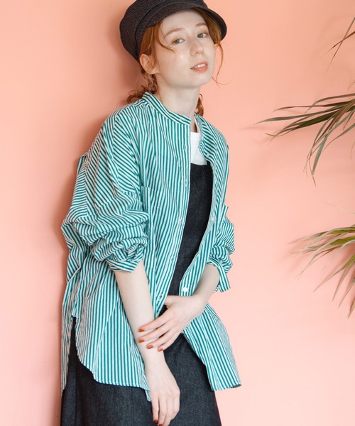 Crisp(クリスプ)の「ストライプオーバーシャツ(シャツ/ブラウス・レディース・ピンク/グリーン・FREE)」の2枚目の写真