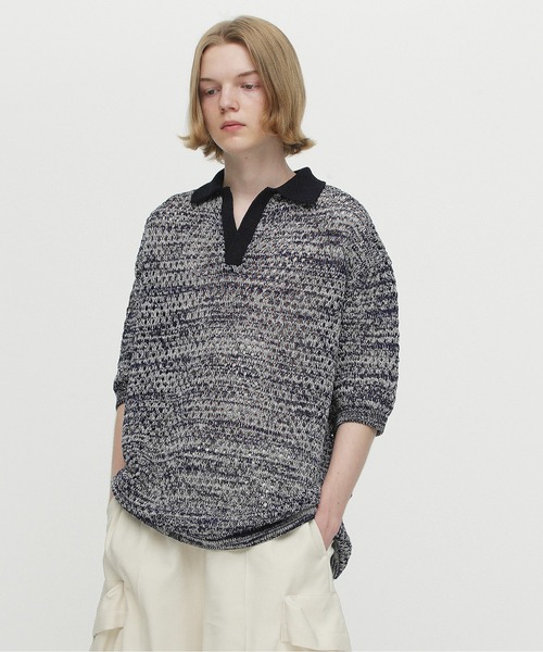 UNDECORATED(アンデコレイテッド)の「UNDECORATED アンデコレイテッド / Cotton Melange Knit Skipper Top コットンメランジ オーバーサイズニットスキッパー ニットポロ / UDS23801(ポロシャツ・メンズ・レッド/ブルー・1/3)」の6枚目の写真