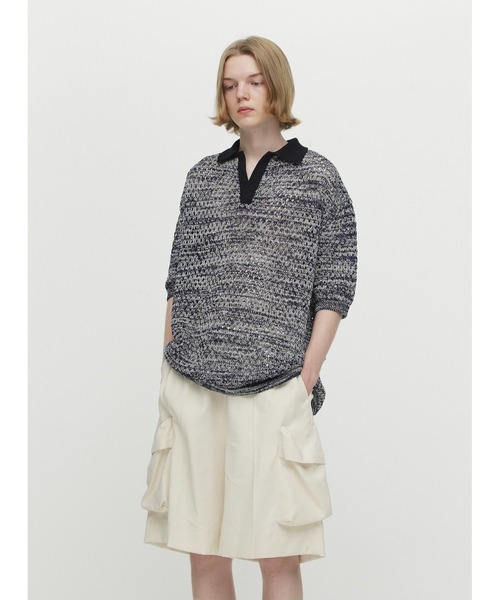 UNDECORATED(アンデコレイテッド)の「UNDECORATED アンデコレイテッド / Cotton Melange Knit Skipper Top コットンメランジ オーバーサイズニットスキッパー ニットポロ / UDS23801(ポロシャツ・メンズ・レッド/ブルー・1/3)」の5枚目の写真