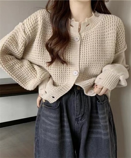 FREE STYLISTS(フリー スタイリスト)の「ダメージ加工ニットカーディガン(カーディガン/ボレロ・レディース・ブラック/グレー/ホワイト/ベージュ・FREE)」の4枚目の写真