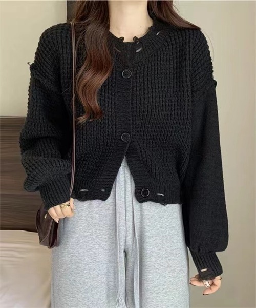 FREE STYLISTS(フリー スタイリスト)の「ダメージ加工ニットカーディガン(カーディガン/ボレロ・レディース・ブラック/グレー/ホワイト/ベージュ・FREE)」の2枚目の写真