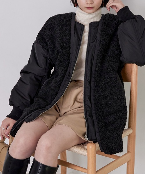 Fashion Letter(ファッションレター)の「ボア×MA-1オーバーブルゾン(MA-1・レディース・ブラック/ブラウン/ライトベージュ・M)」の1枚目の写真