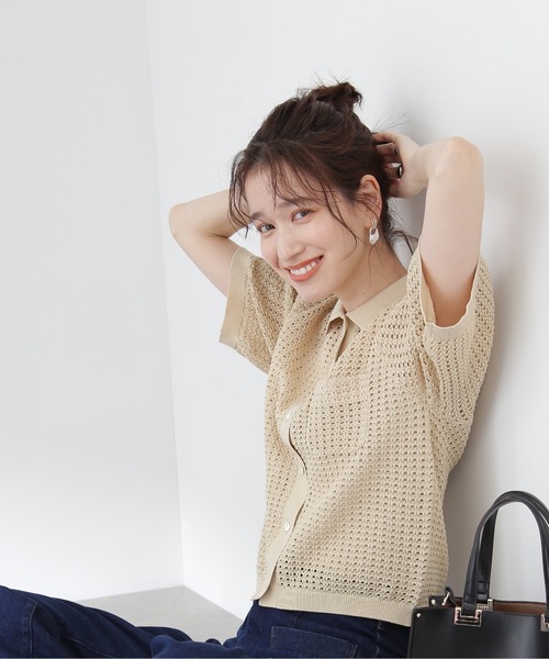 N.（N. Natural Beauty Basic）（エヌエヌナチュラルビューティーベーシック）の「◆襟付メッシュニットシャツ（ニット/セーター・レディース・ブラック/グリーン/ベージュ・MEDIUM）」の15枚目の写真