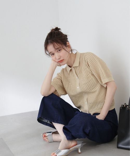 N.（N. Natural Beauty Basic）（エヌエヌナチュラルビューティーベーシック）の「◆襟付メッシュニットシャツ（ニット/セーター・レディース・ブラック/グリーン/ベージュ・MEDIUM）」の16枚目の写真