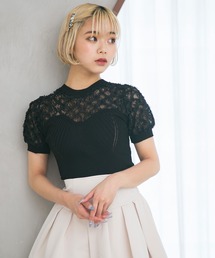 フラワー透けレース半袖ビスチェ風ニットトップス