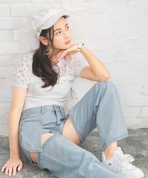 Diable baiser(ディアブルベーゼ)の「フラワー透けレース半袖ビスチェ風ニットトップス(Tシャツ/カットソー・レディース・ホワイト/ブラック・MEDIUM)」の15枚目の写真
