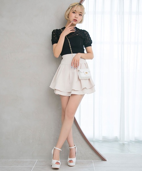 Diable baiser(ディアブルベーゼ)の「フラワー透けレース半袖ビスチェ風ニットトップス(Tシャツ/カットソー・レディース・ホワイト/ブラック・MEDIUM)」の7枚目の写真