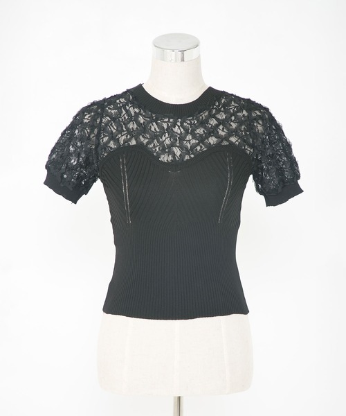 Diable baiser(ディアブルベーゼ)の「フラワー透けレース半袖ビスチェ風ニットトップス(Tシャツ/カットソー・レディース・ホワイト/ブラック・MEDIUM)」の14枚目の写真
