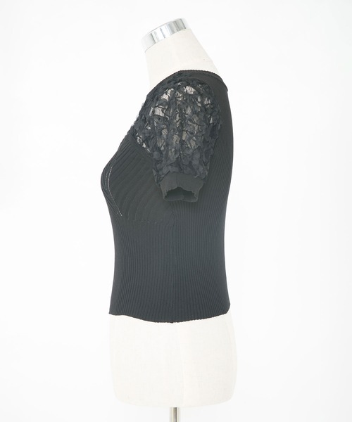 Diable baiser(ディアブルベーゼ)の「フラワー透けレース半袖ビスチェ風ニットトップス(Tシャツ/カットソー・レディース・ホワイト/ブラック・MEDIUM)」の19枚目の写真