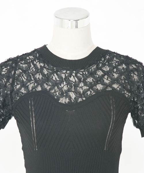 Diable baiser(ディアブルベーゼ)の「フラワー透けレース半袖ビスチェ風ニットトップス(Tシャツ/カットソー・レディース・ホワイト/ブラック・MEDIUM)」の11枚目の写真