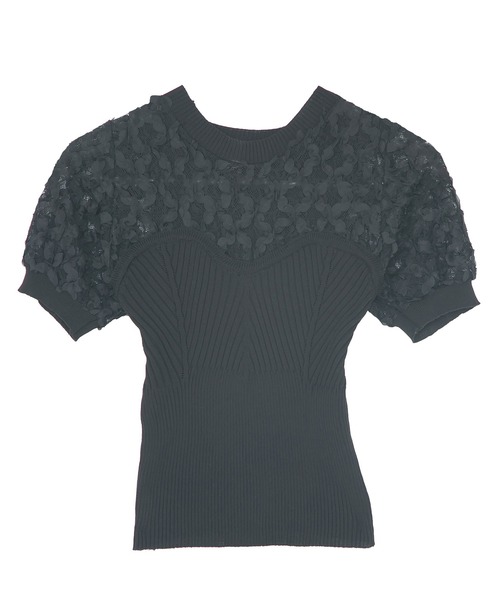 Diable baiser(ディアブルベーゼ)の「フラワー透けレース半袖ビスチェ風ニットトップス(Tシャツ/カットソー・レディース・ホワイト/ブラック・MEDIUM)」の20枚目の写真