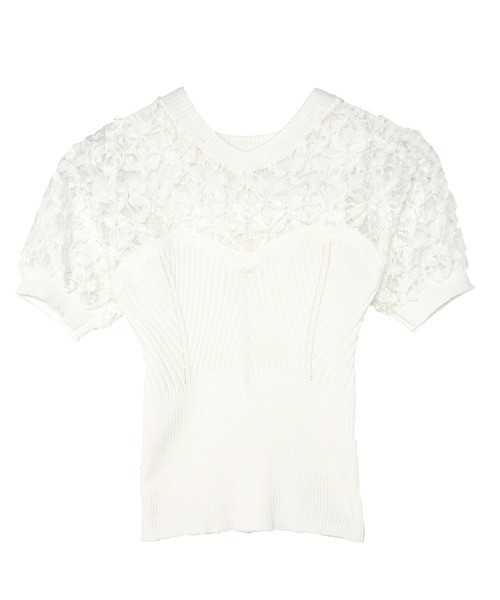 Diable baiser(ディアブルベーゼ)の「フラワー透けレース半袖ビスチェ風ニットトップス(Tシャツ/カットソー・レディース・ホワイト/ブラック・MEDIUM)」の9枚目の写真