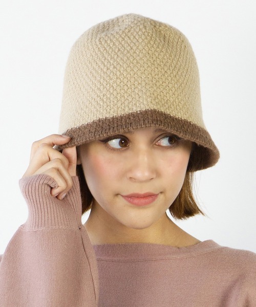 14+（イチヨンプラス）の「ニット配色クローシュハット（ニットキャップ/ビーニー・レディース・ベージュ/オレンジ/パープル/ブラウン/ブラック・MEDIUM）」の3枚目の写真