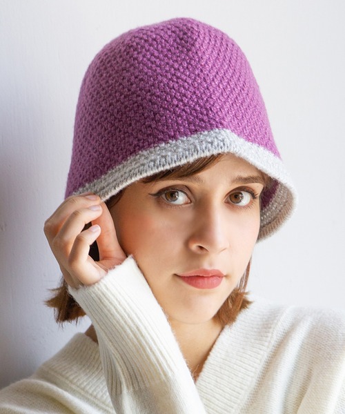 14+（イチヨンプラス）の「ニット配色クローシュハット（ニットキャップ/ビーニー・レディース・ベージュ/オレンジ/パープル/ブラウン/ブラック・MEDIUM）」の4枚目の写真