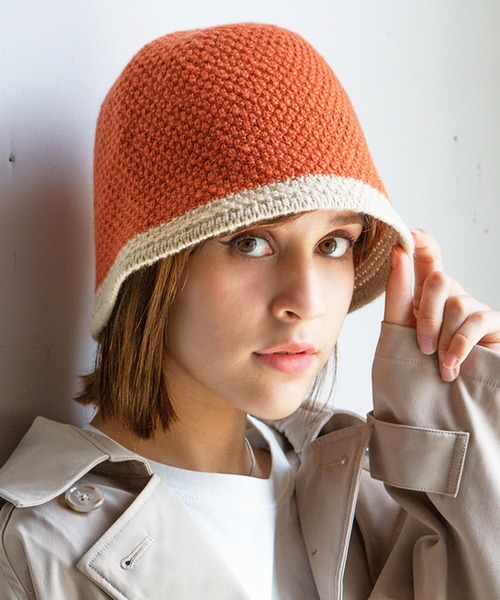 14+（イチヨンプラス）の「ニット配色クローシュハット（ニットキャップ/ビーニー・レディース・ベージュ/オレンジ/パープル/ブラウン/ブラック・MEDIUM）」の5枚目の写真