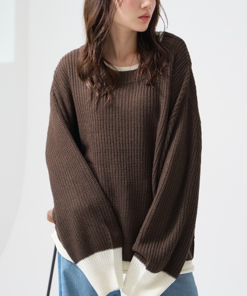 TRIANGLE PALETTE(トライアングルパレット)の「レイヤード風オーバーサイズ ニットプルオーバー(ニット/セーター・レディース・ブラウン/ブルー/ブラック/イエロー/グレイッシュベージュ/ピンク/サックスブルー・FREE)」の19枚目の写真