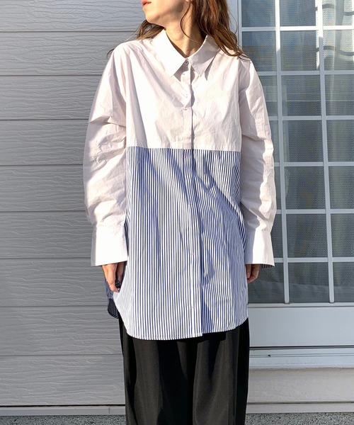 Q（キュー）の「ストライプドッキングシャツ2（シャツ/ブラウス・レディース・ホワイト/ライトグレー・MEDIUM）」の3枚目の写真