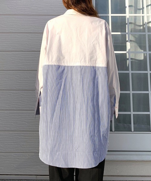 Q（キュー）の「ストライプドッキングシャツ2（シャツ/ブラウス・レディース・ホワイト/ライトグレー・MEDIUM）」の5枚目の写真