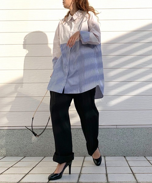 Q（キュー）の「ストライプドッキングシャツ2（シャツ/ブラウス・レディース・ホワイト/ライトグレー・MEDIUM）」の10枚目の写真