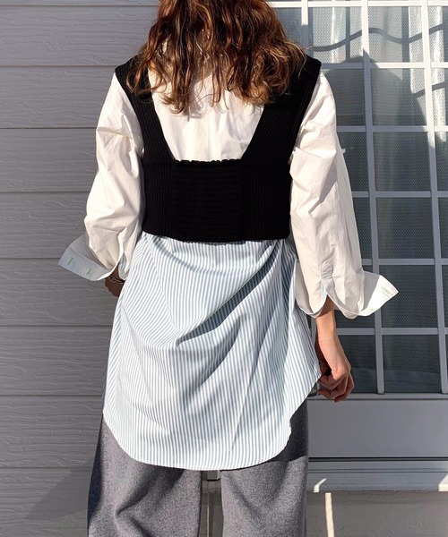 Q（キュー）の「ストライプドッキングシャツ2（シャツ/ブラウス・レディース・ホワイト/ライトグレー・MEDIUM）」の7枚目の写真