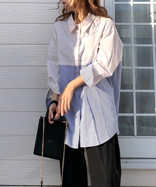 Q（キュー）の「ストライプドッキングシャツ2（シャツ/ブラウス・レディース・ホワイト/ライトグレー・MEDIUM）」の8枚目の写真