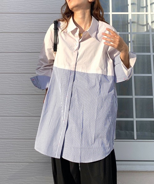 Q（キュー）の「ストライプドッキングシャツ2（シャツ/ブラウス・レディース・ホワイト/ライトグレー・MEDIUM）」の9枚目の写真