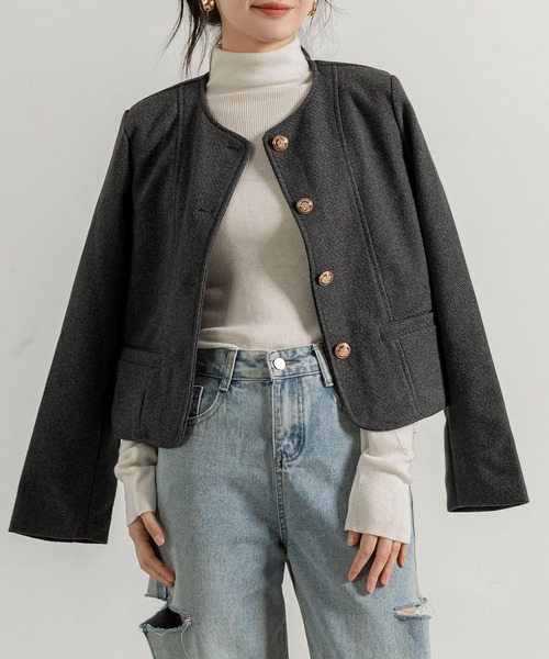 DAY CLOSET（デイ クローゼット）の「レディース さらりと羽織れるクラシカルノーカラージャケット（ノーカラージャケット・レディース・ブラック/ダークグレー/ホワイト・FREE）」の3枚目の写真