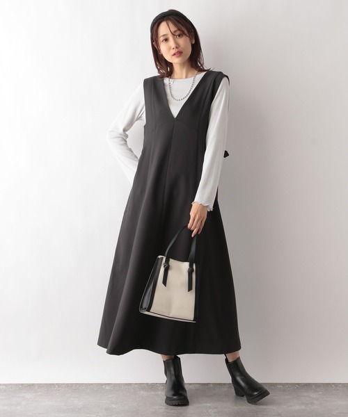 GLOBAL WORK(グローバルワーク)の「お手入れらくらくSET UPジャンスカ/MATINEE LINE/993318(ジャンパースカート・レディース・スミクロ/ブラック系9/ライトグレー・LARGE/MEDIUM)」の13枚目の写真