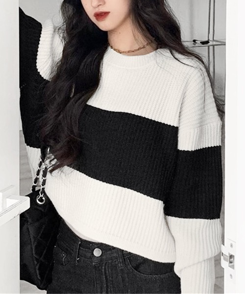 Dewlily(デューリリー)の「ビッグボーダーニットセーター(ニット/セーター・レディース・ホワイト/ベージュ/ブラック・FREE)」の11枚目の写真