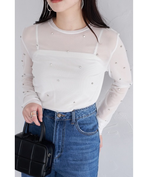 &. NOSTALGIA(アンドドットノスタルジア)の「【ZOZO限定】ビジュー付きメッシュプルオーバー(Tシャツ/カットソー・レディース・ブルー/アイボリー/ブラック・M)」の2枚目の写真