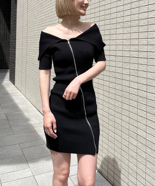 SPIRALGIRL（スパイラルガール）の「ビックカラーフルジップ半袖タイトリブワンピース（ワンピース・レディース・オフホワイト/ピンク/ブラック・FREE）」の3枚目の写真