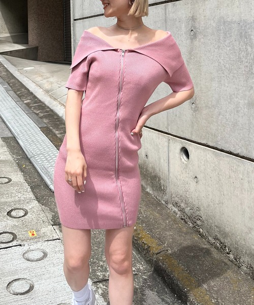 SPIRALGIRL（スパイラルガール）の「ビックカラーフルジップ半袖タイトリブワンピース（ワンピース・レディース・オフホワイト/ピンク/ブラック・FREE）」の7枚目の写真