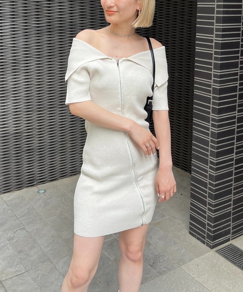 SPIRALGIRL（スパイラルガール）の「ビックカラーフルジップ半袖タイトリブワンピース（ワンピース・レディース・オフホワイト/ピンク/ブラック・FREE）」の5枚目の写真