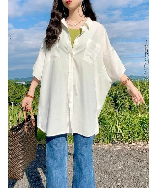 BACK NUMBER(バックナンバー)の「【BACK NUMBER】ポンチョシルエット半袖チュニックシャツ(チュニック・レディース・ライラック/オフホワイト/ダークグレー・L/M)」の2枚目の写真