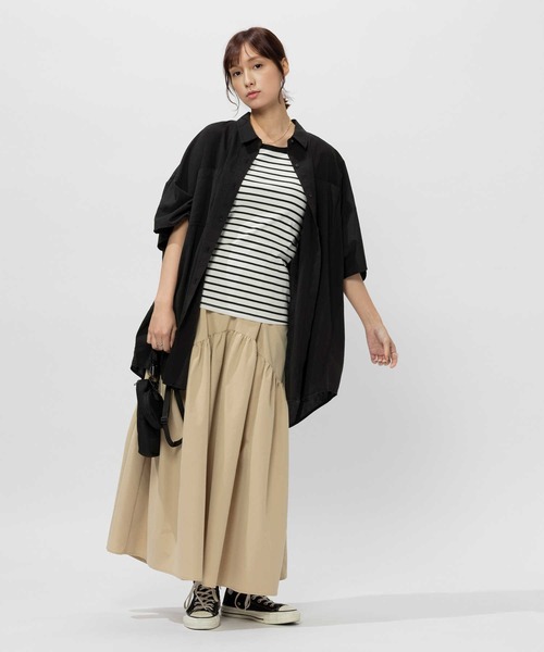 BACK NUMBER(バックナンバー)の「【BACK NUMBER】ポンチョシルエット半袖チュニックシャツ(チュニック・レディース・ライラック/オフホワイト/ダークグレー・L/M)」の16枚目の写真