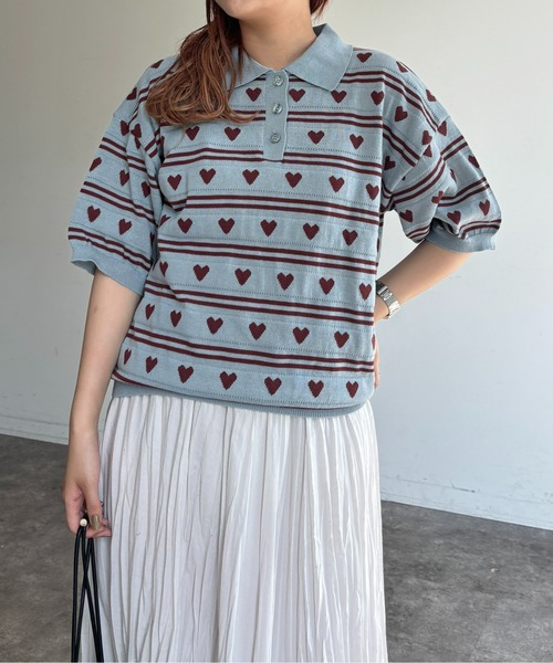 CPCM(シーピーシーエム)の「ハートジャガードボーダーポロ(ニット/セーター・レディース・ブラック/グレー/サックスブルー系・FREE)」の3枚目の写真
