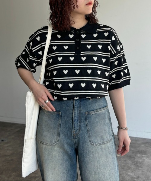 CPCM(シーピーシーエム)の「ハートジャガードボーダーポロ(ニット/セーター・レディース・ブラック/グレー/サックスブルー系・FREE)」の2枚目の写真