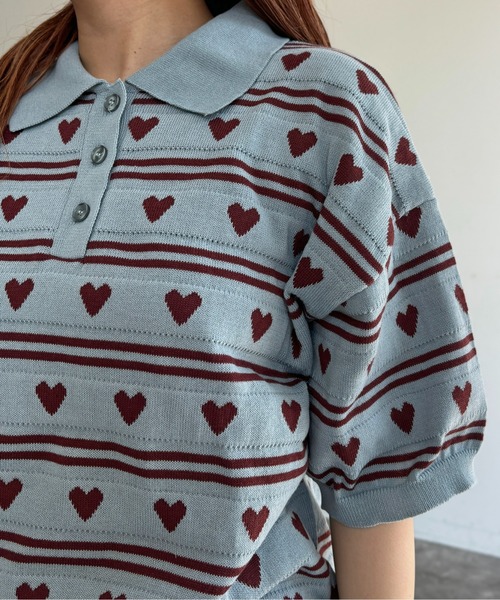 CPCM(シーピーシーエム)の「ハートジャガードボーダーポロ(ニット/セーター・レディース・ブラック/グレー/サックスブルー系・FREE)」の5枚目の写真