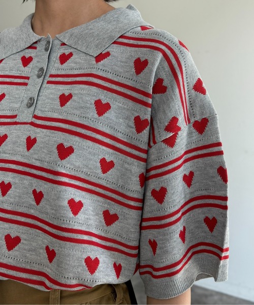 CPCM(シーピーシーエム)の「ハートジャガードボーダーポロ(ニット/セーター・レディース・ブラック/グレー/サックスブルー系・FREE)」の4枚目の写真